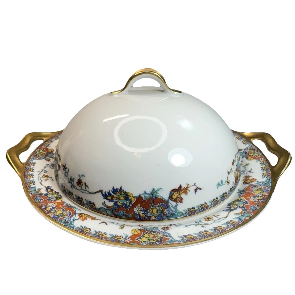 Antique Haviland Limoges‎ Paisley 3-Pc Butter Dish Lid Drainer Schleiger 268